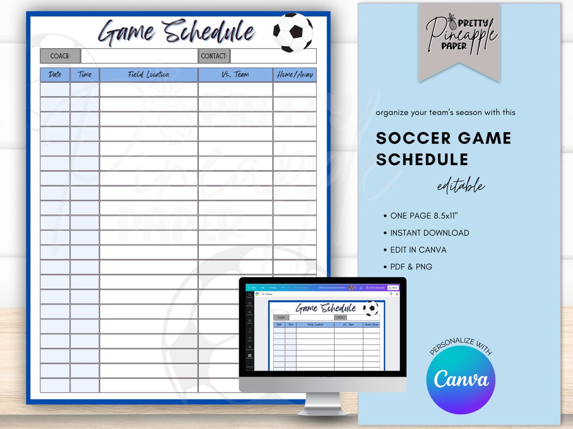 Editable Soccer Game Schedule Template Instant Digital Download to