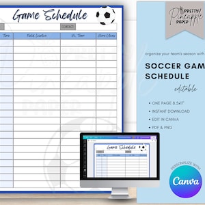 Editable Soccer Game Schedule Template, Instant Digital Download to Organize the Team Sports Season Games, Calendar, Fillable and Printable