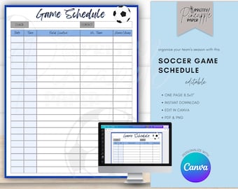 Bewerkbare sjabloon voor voetbalspelschema, directe digitale download om de teamsportseizoenspellen, kalender, invulbaar en afdrukbaar te organiseren