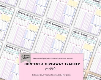 May include: A collection of printable contest and giveaway trackers. Each tracker is a white 8.5x11 inch sheet with sections for entries, engagement, and promotion plans. The design includes pastel colors and the text "CONTEST & GIVEAWAY TRACKER printable".