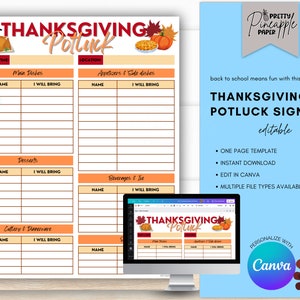May include: Thanksgiving potluck sign-up sheet with editable elements, theme colors, and text. The design includes sections for main dishes, appetizers, desserts, beverages, and cutlery. A computer screen displays the sign-up sheet. The text says "Thanksgiving Potluck Sign Up".