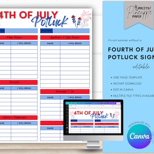 Editable Fourth of July Potluck Party Sign Up Sheet, Instant Digital Download, Edit in Canva, Holiday Party, BBQ, Block Party, 4th of July