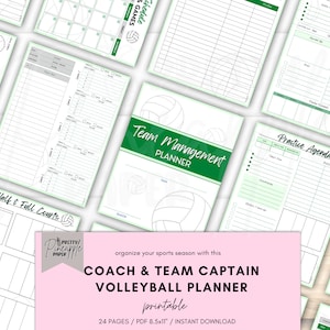 Puede incluir: Planificador de entrenador y capitán de equipo de voleibol imprimible con acentos verdes y blancos. El planificador incluye páginas para la gestión del equipo, la agenda de prácticas, el calendario de partidos y diagramas de medio campo y campo completo. El planificador mide 21,6x27,9 cm y tiene 24 páginas.