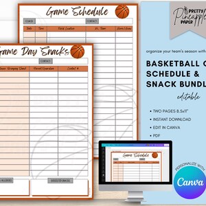 Bewerkbare basketbalsnack Aanmelden & spelschema-sjabloonbundel, digitale download, teamsportseizoen, kalender, invulbare afdrukbare