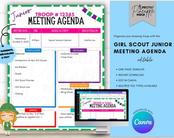 Editable Girl Scout Junior Troop Meeting Agenda Template, Meeting Notes, Instant Digital Download, Troop Leader, Cookie Season, Planner