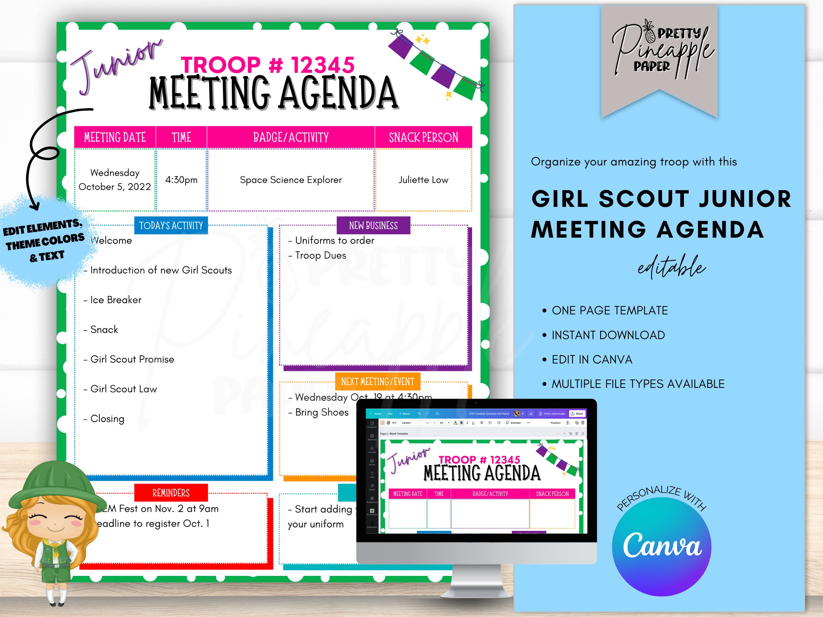 Editable Girl Scout Junior Troop Meeting Agenda Template, Meeting Notes ...