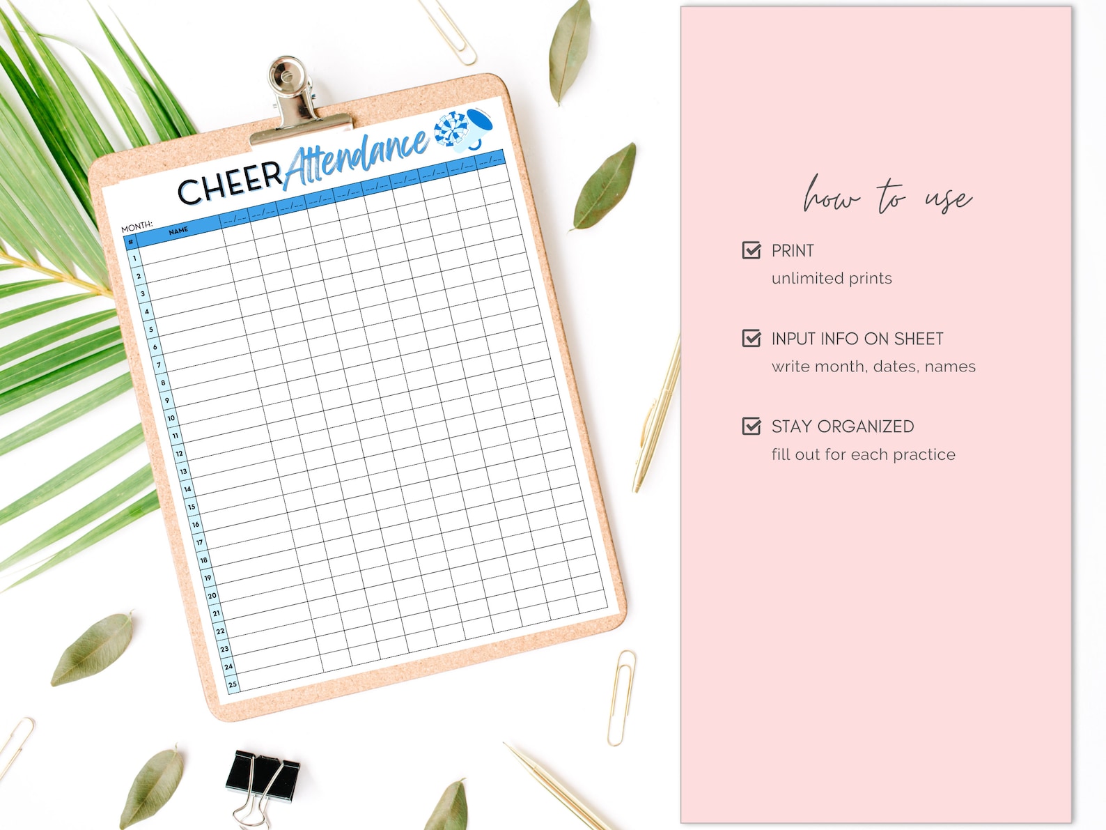 Printable Cheer Season Attendance Sheet Instant Download Template ...