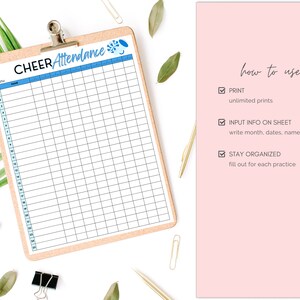 Printable Cheer Season Attendance Sheet Instant Download Template ...