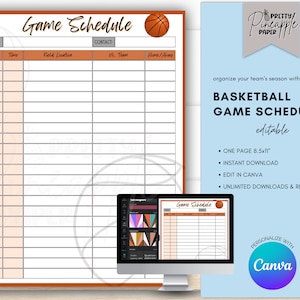 Bewerkbare basketbalspelschemasjabloon Direct downloaden om de teams Sportseizoenspellen invulbaar en afdrukbaar, schoolsporten te organiseren