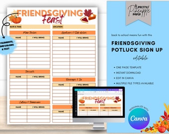 May include: Editable Friendsgiving Potluck Sign Up template with a fall theme. The template has sections for main dishes, appetizers, desserts, beverages, and cutlery. The template is designed to be personalized with Canva.