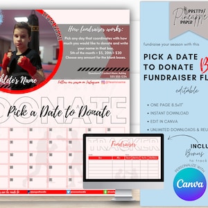 Editable Boxing - Calendar Fundraiser Template, Pick a Date to Donate, Fundraise, Fillable and Printable Flyer, Sponsorship, Gym, Jiujitsu