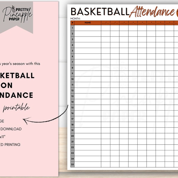 Printable Basketball Season Attendance Sheet Instant Download Template, Roster, Practice Schedule, Sports, School, Coach Binder, Team Mom