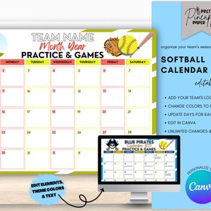 Editable Softball Calendar Template, Instant Download Practice and Games for Softball Season, Fillable Printable, Team Mom, Coach Planner