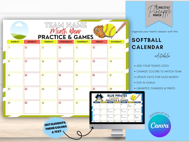 Editable Softball Calendar Template, Instant Download Practice and ...