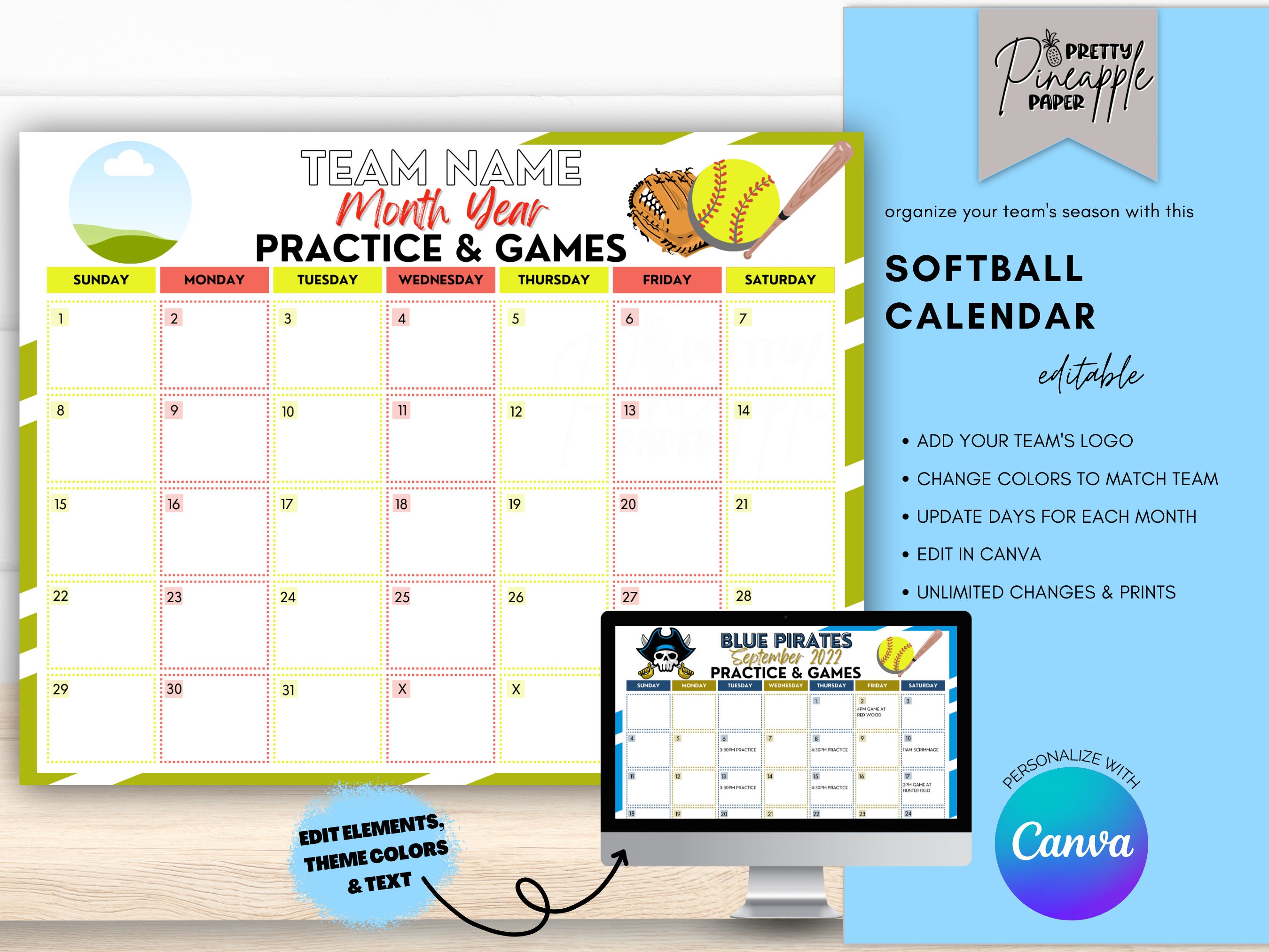Editable Softball Calendar Template, Instant Download Practice and Games for Softball Season