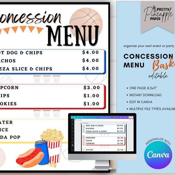 Editable Concession Stand Menu Basketball, Instant Download Canva Template, Food, Volunteer, Hoops, Bball, Movie Night, Birthday Printable