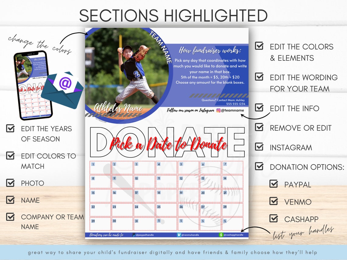 Editable Baseball Calendar Fundraiser Template,pick a Date to Donate