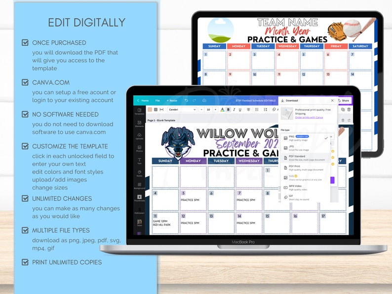 Editable Baseball Calendar Template Instant Download Practice Etsy