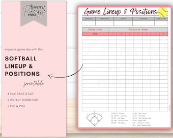 Printable Softball Team Line Up and Field Positions, Instant Download Template, Sports, Batting Order, Positions by Inning, Game Day Lineup
