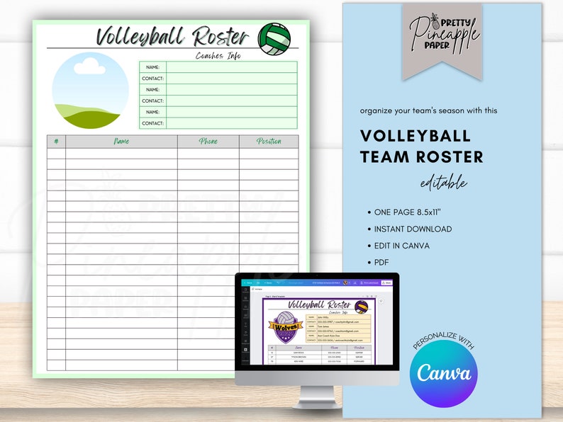Editable Volleyball Roster Template, Game Day Team Info, Coach Planner Editable Volleyball Roster Template, Game Day Team Info, Coach Planner