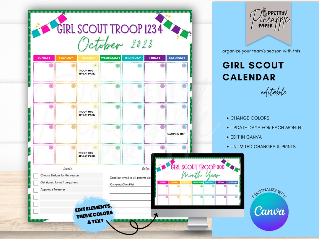 Editable Girl Scout Calendar Template, Instant Download Cookie Season