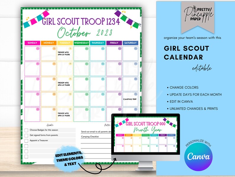 Editable Girl Scout Calendar Template Instant Download Cookie Etsy