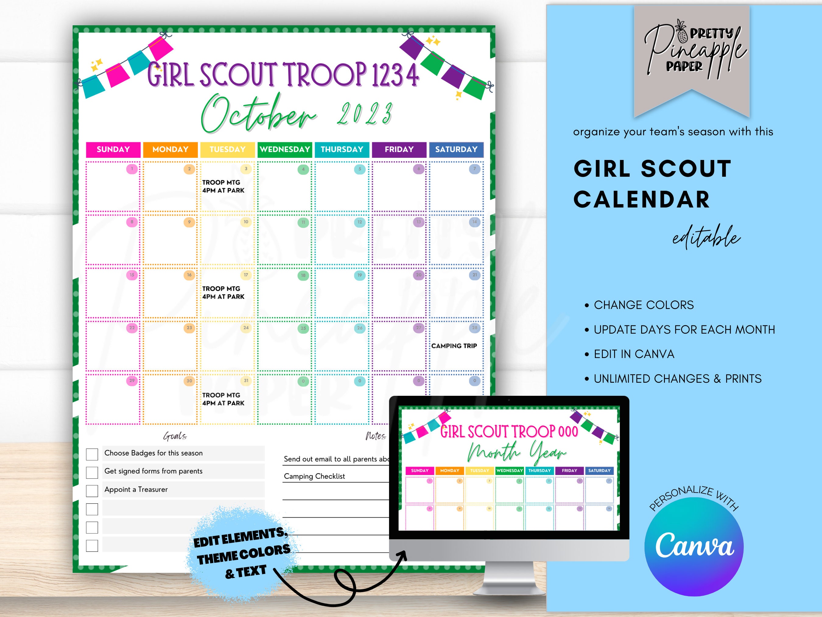 Editable Girl Scout Calendar Template, Instant Download Cookie Season