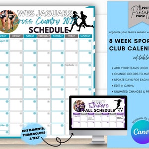 May include: Printable 8-week sports or club calendar template with a blue, white, and gray color scheme. The calendar is editable and can be personalized with Canva. The template features a cross country theme with a photo of runners and the text "Wes Jaguars Cross Country 2023 Schedule".