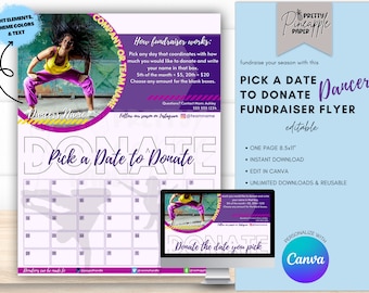 Editable Dancer - Calendar Fundraiser Template, Pick a Date to Donate, Fundraise for Dance Season, Fillable and Printable Flyer, Sponsorship