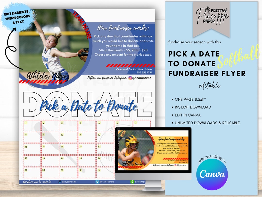 Editable Softball Calendar Fundraiser Template Pick a Date Etsy