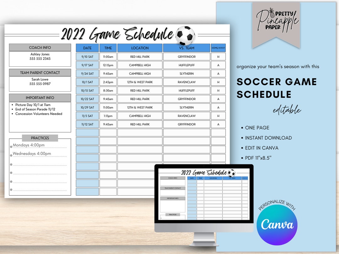 Editable Soccer Game Schedule Template, Instant Digital Download to