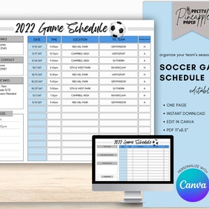 Editable Soccer Game Schedule Template, Instant Digital Download to Organize the Team Sports Season Games, Calendar, Fillable and Printable