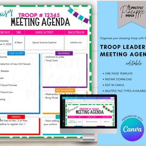 Editable Troop Meeting Agenda Template, Meeting Notes, Instant Digital Download, Troop Leader, Cookie Season, Planner