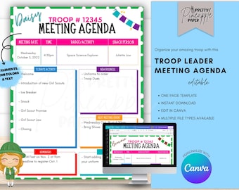 May include: A printable Girl Scout troop meeting agenda template with a green, white, and pink color scheme. The template includes sections for meeting date, time, badge/activity, snack person, today's activity, new business, reminders, and next meeting event. The template also includes a cute cartoon illustration of a Girl Scout.