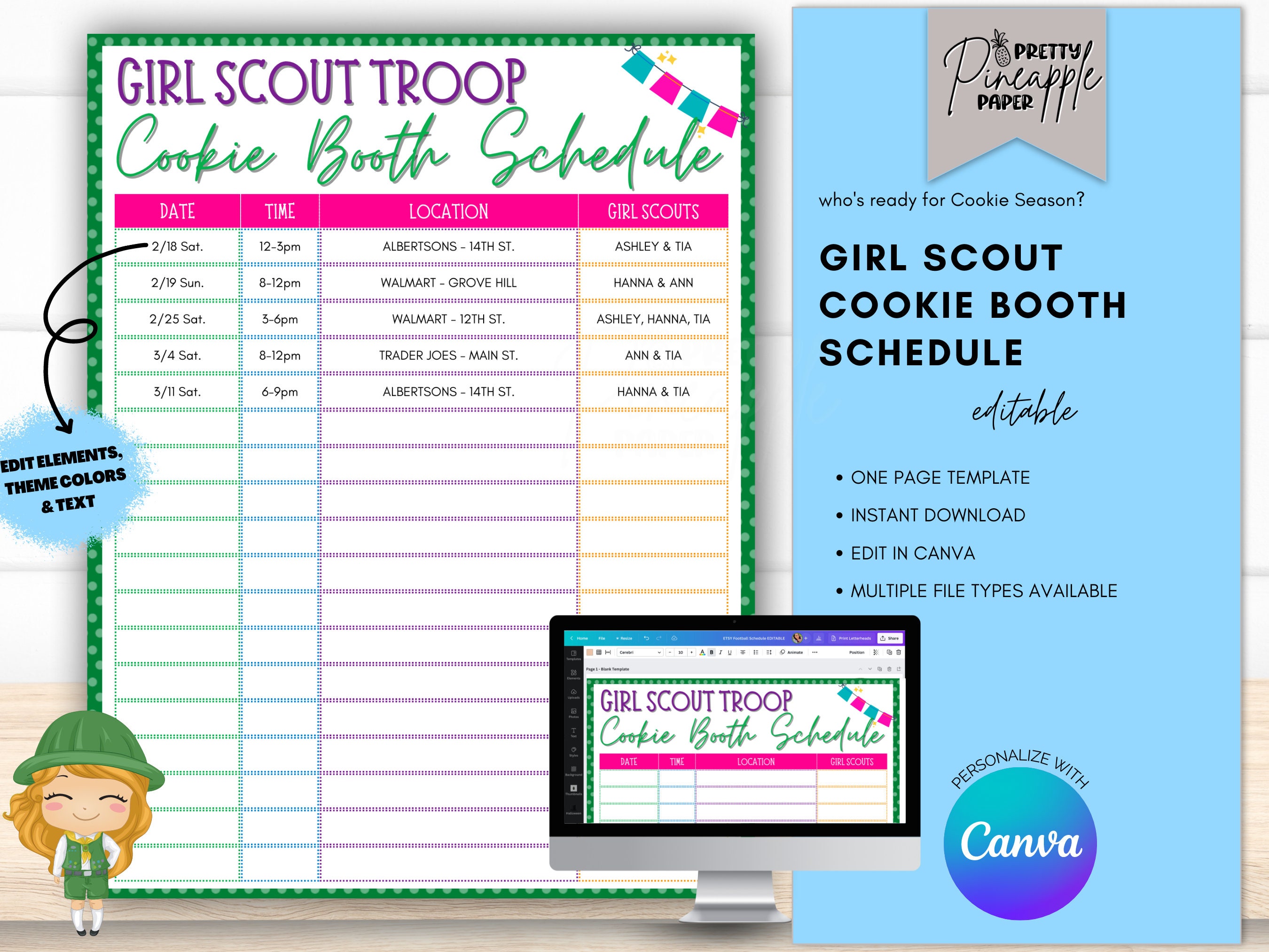 Editable Girl Scout Cookie Booth Schedule Template, Instant Digital Download, Troop Leader ...
