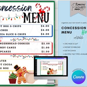 Editable Concession Stand Menu Christmas Holiday, Canva Template, Party, Movie Night, Birthday, Instant Download Printable