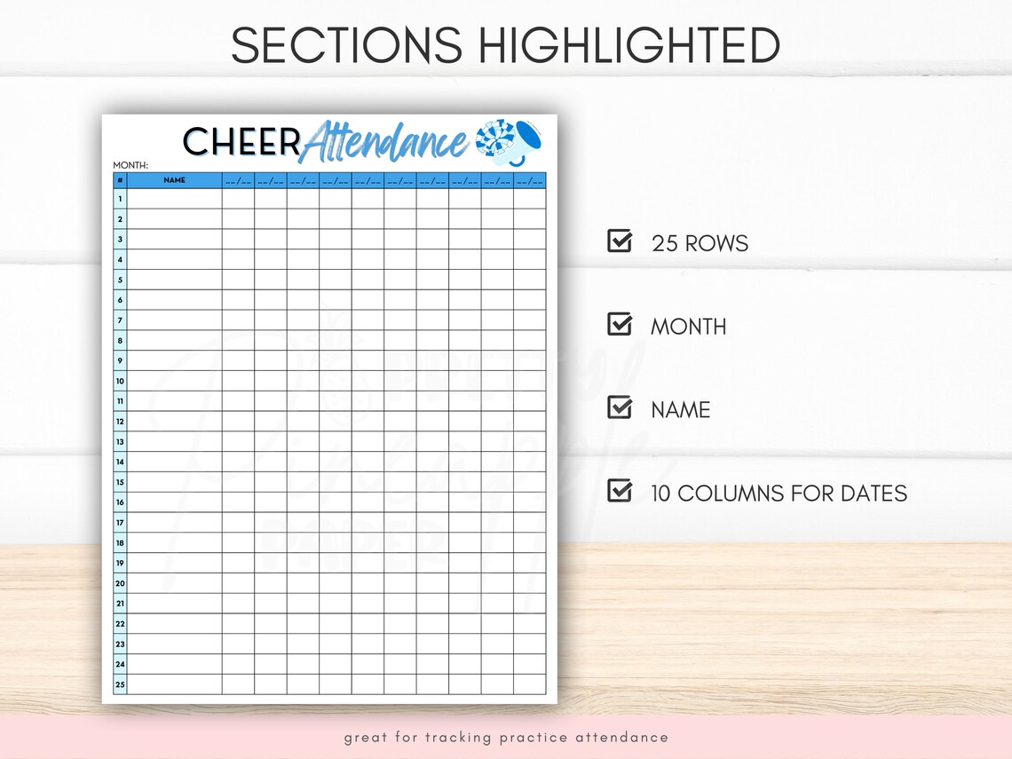 Printable Cheer Season Attendance Sheet Instant Download Template ...