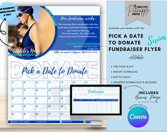 Editable Swim - Calendar Fundraiser Template, Pick a Date to Donate, Fundraise, Fillable and Printable Flyer, Sponsorship, Gym, Swim Team
