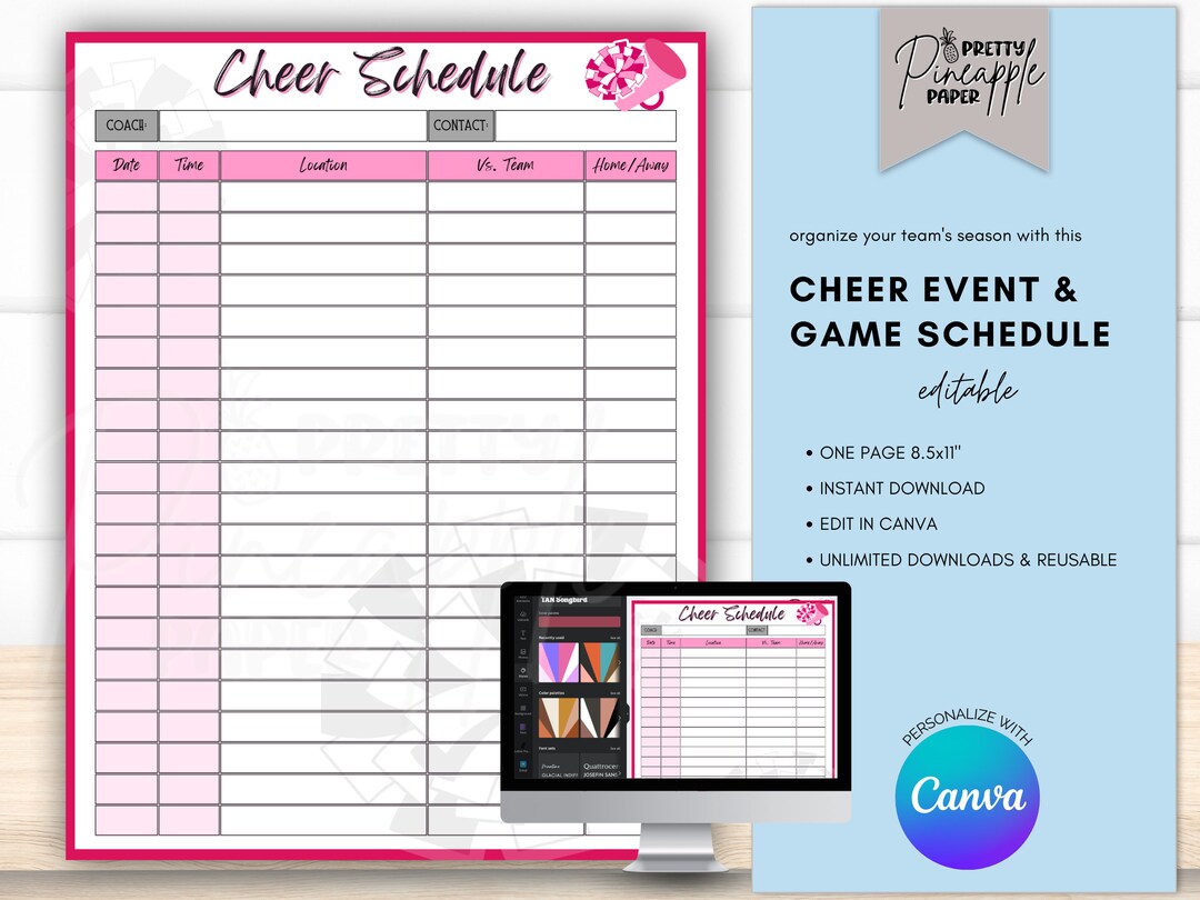 Editable Cheer Squad Game Schedule, Instant Download to Organize the