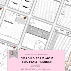 Printable Football Team Management Planner for Coach and Team Mom, Game Day Sport Schedule, Snack, Fundraiser, Practices, Uniform Tracker