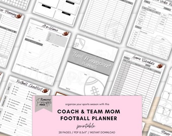 Printable Football Team Management Planner for Coach and Team Mom, Game Day Sport Schedule, Snack, Fundraiser, Practices, Uniform Tracker