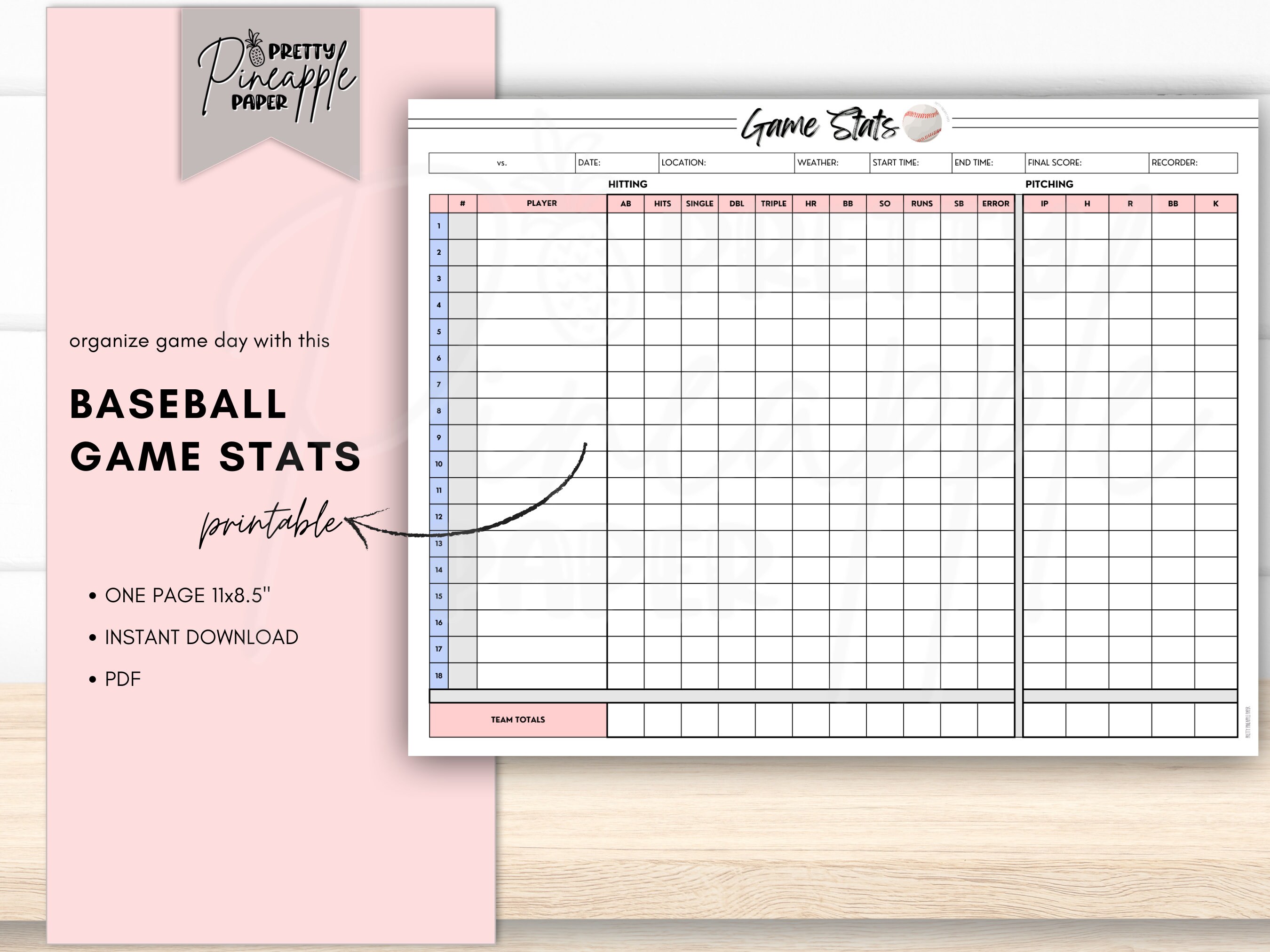 Printable Baseball Game Stats, Instant Download Template, Sports