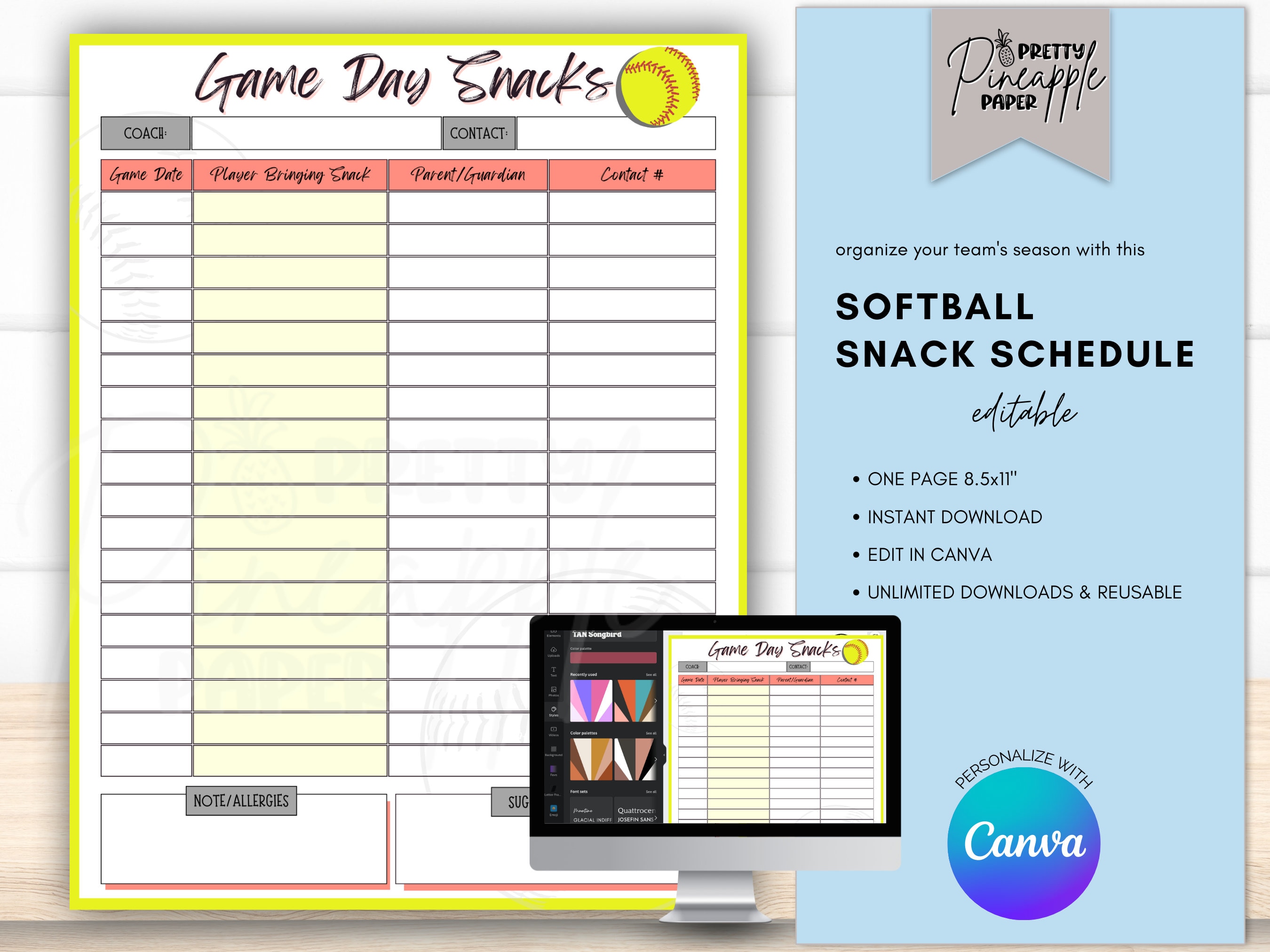 Editable Softball Game Day Snack Schedule Template. Instant Download to