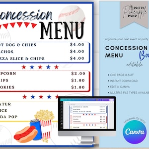 Editable Concession Stand Menu Baseball, Instant Download Canva Template, Volunteer Baseball, Little League, Movie Night, Birthday Printable