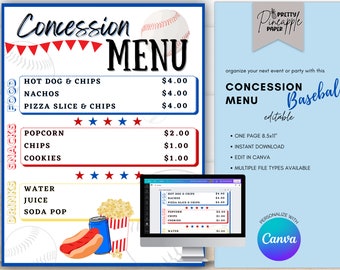 Editable Concession Stand Menu Baseball, Instant Download Canva Template, Volunteer Baseball, Little League, Movie Night, Birthday Printable
