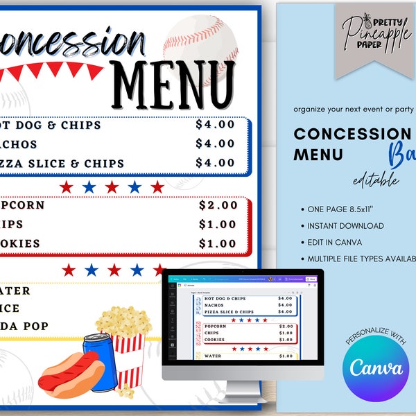 Editable Concession Stand Menu Baseball, Instant Download Canva Template, Volunteer Baseball, Little League, Movie Night, Birthday Printable