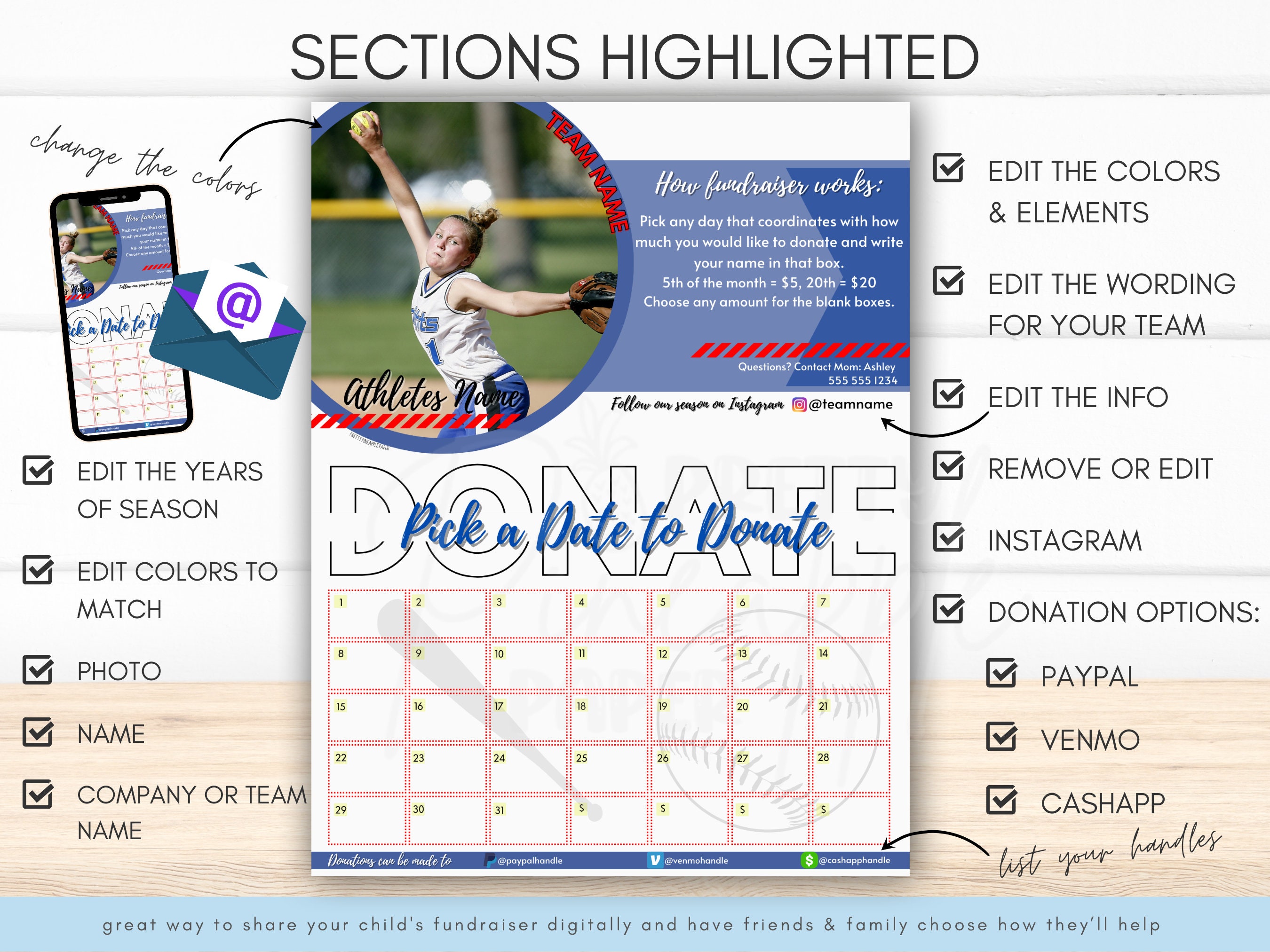 Editable Softball Calendar Fundraiser Template Pick a Date Etsy