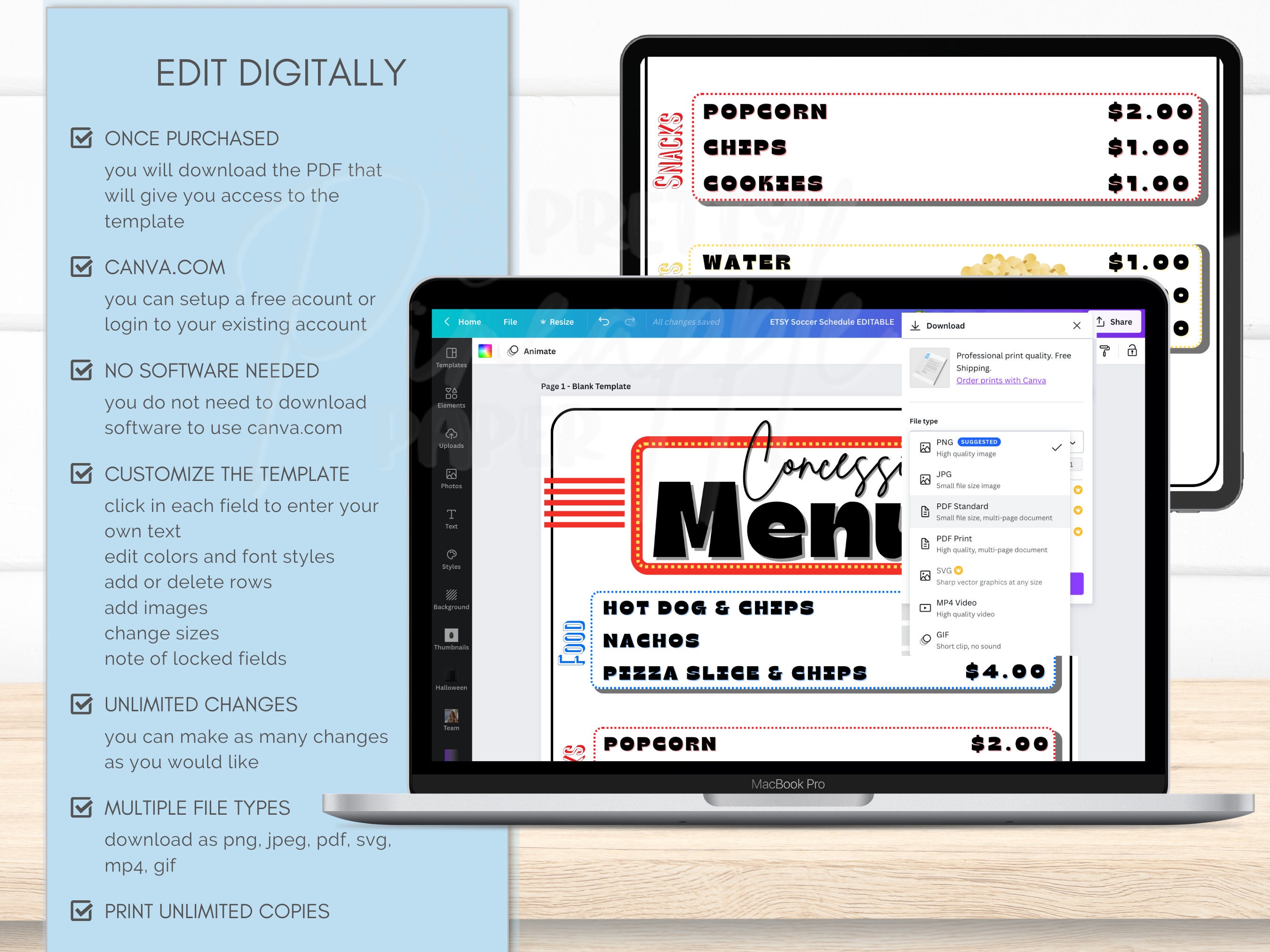 Editable Concession Stand Menu Canva Template Instant Etsy