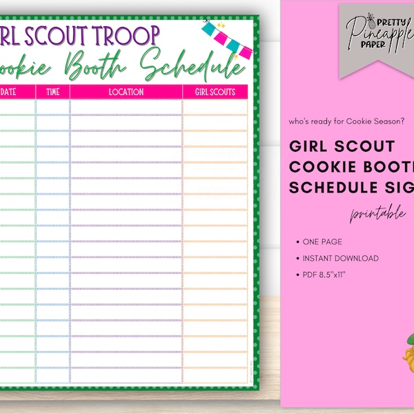 Printable Girl Scout Cookie Booth Schedule Sign Up, Instant Digital Download, Troop Leader, Cookie Season, Daisy, Brownie, Junior, Template