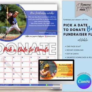 Editable Baseball - Calendar Fundraiser Template,Pick a Date to Donate, Fundraise for Baseball Season, Fillable Printable Flyer, Sponsorship